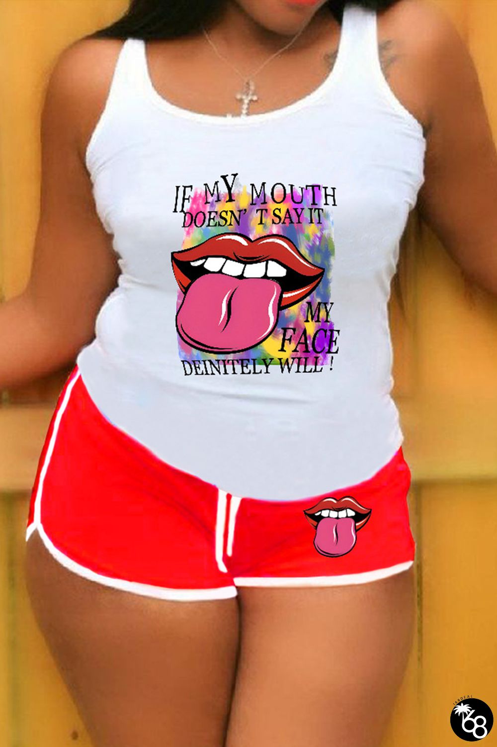 White Red Casual Lips Printed Patchwork O Neck Sleeveless Two Pieces | 168DEAL