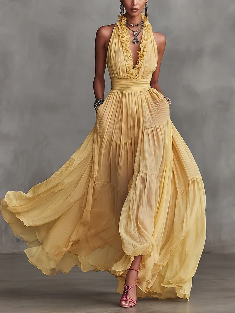 Stylish And Flowing Ruffled Collar Maxi Dress