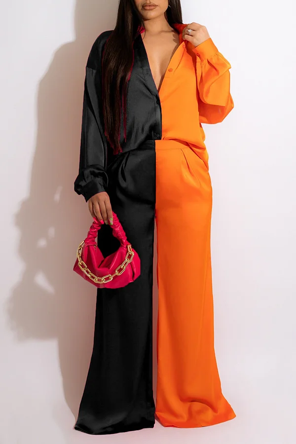 Stylish Color Block Satin Pants Set