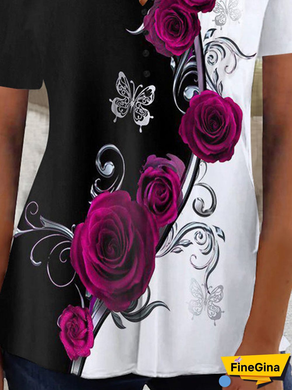 Women's Short Sleeve V-Neck Graphic Floral Printed Top