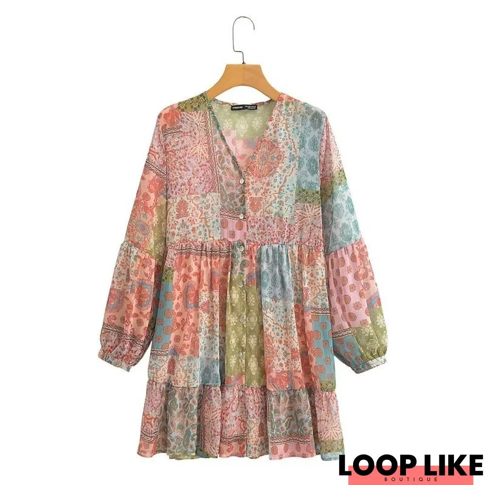 Plus Size Floral Vintage Cotton-Blend Weaving Dress