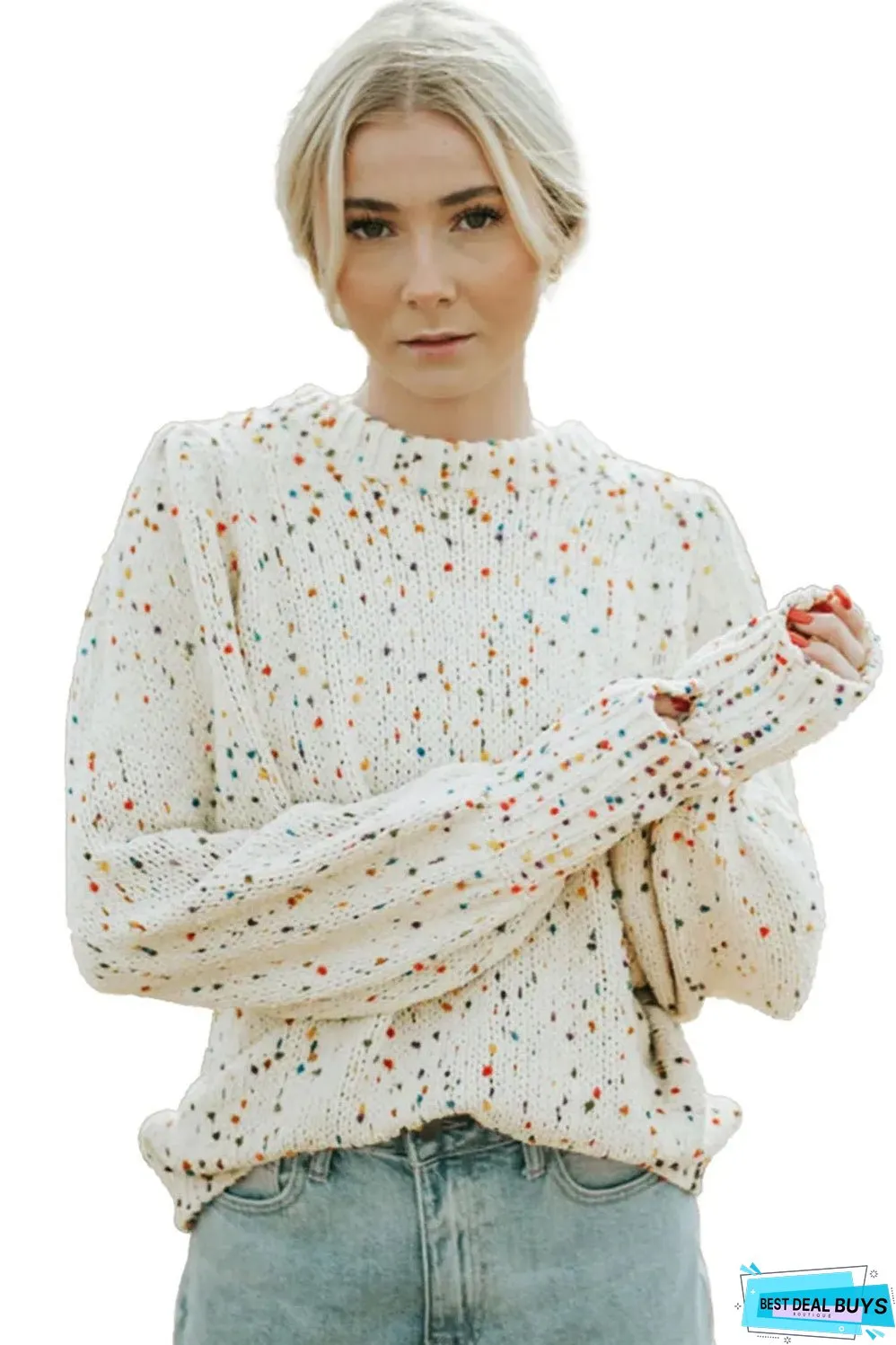 Beige Colorful Dots Cable Knit Crew Neck Sweater