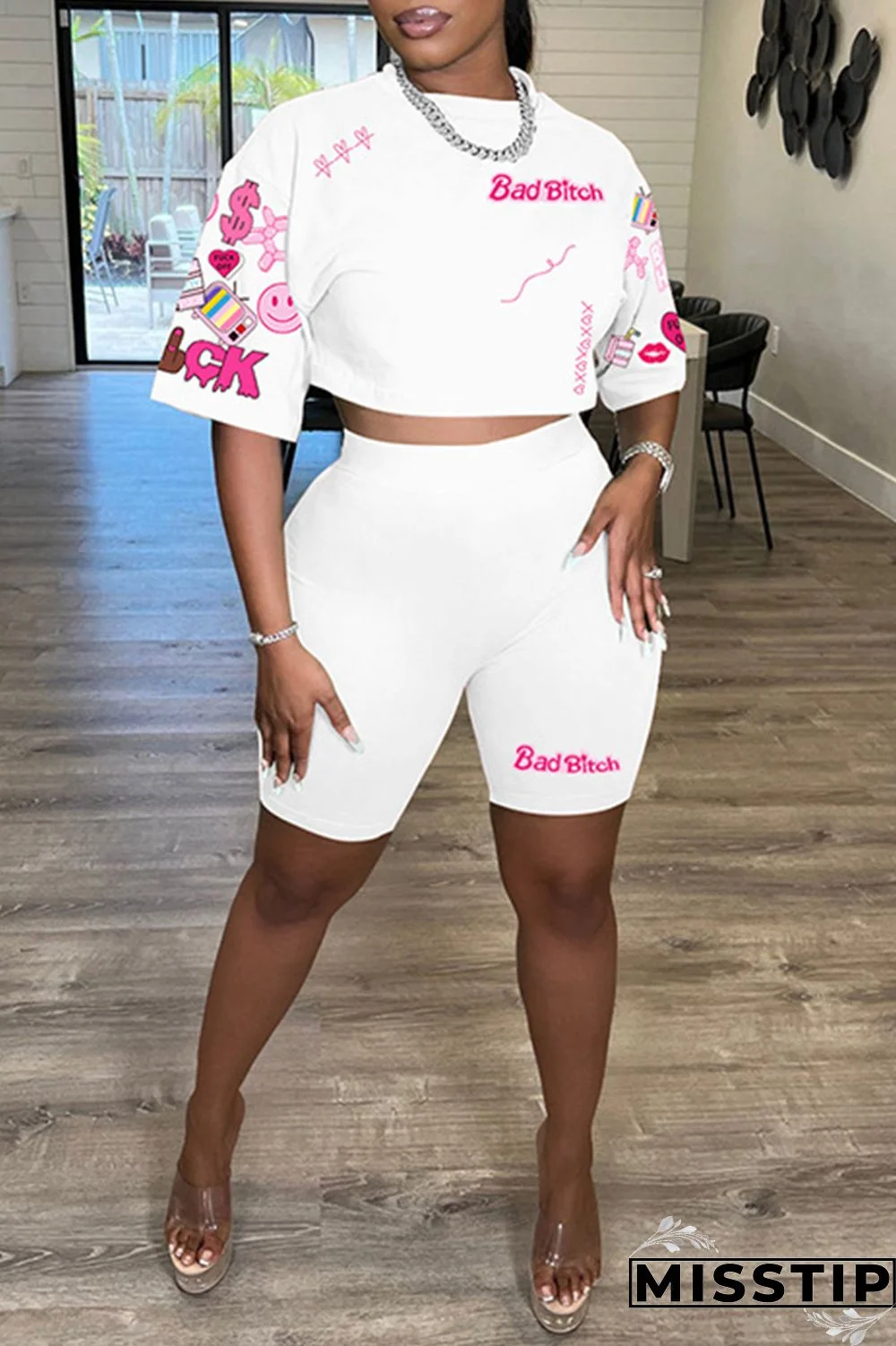 White Casual Print Basic O Neck Half Sleeve Two Pieces