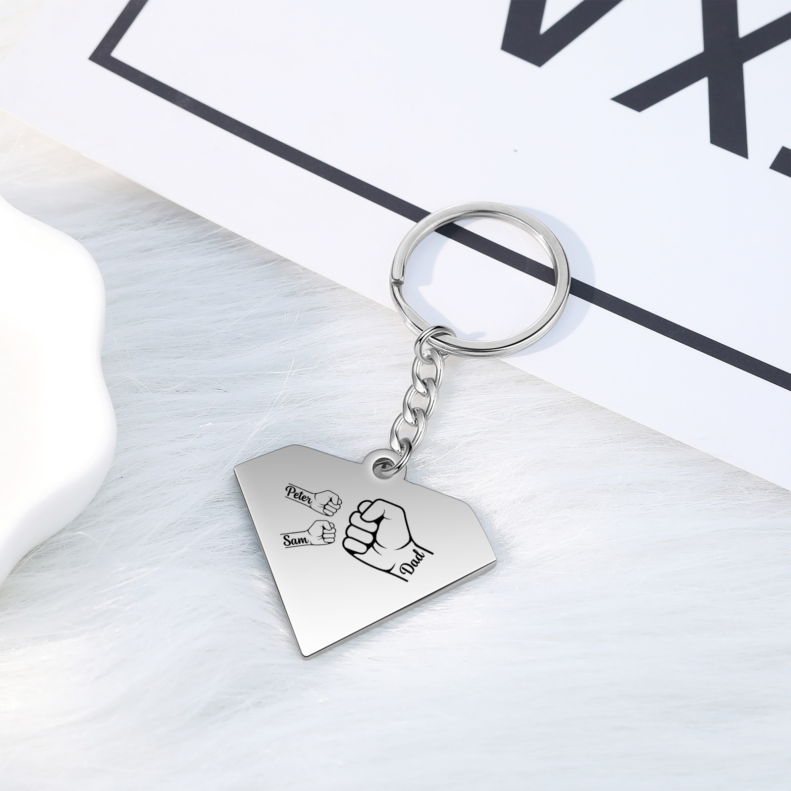 2 Names - Personalised Fist Bump Keyring Engraved Kids Names and text Keyring Gifts for Dad/Grandad
