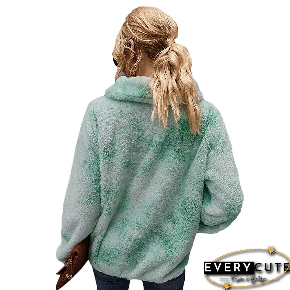 Light Green Tie Dye Fuzzy Pullover with Pockets