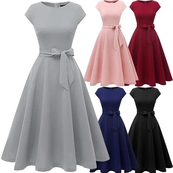 Women's Fashion Vintage Soild Color Elegant Tea Dress Prom Swing Cocktail Party Dress with Cap-Sleeves Midi Dress Plus Size