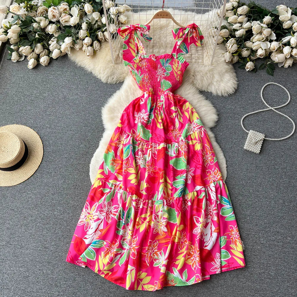 Aiertu Summer Vacation Spaghetti Strap Long Dress Women Sleeveless Ruched Elastic Backless Dress Floral Print Beach Sundress Aiertu