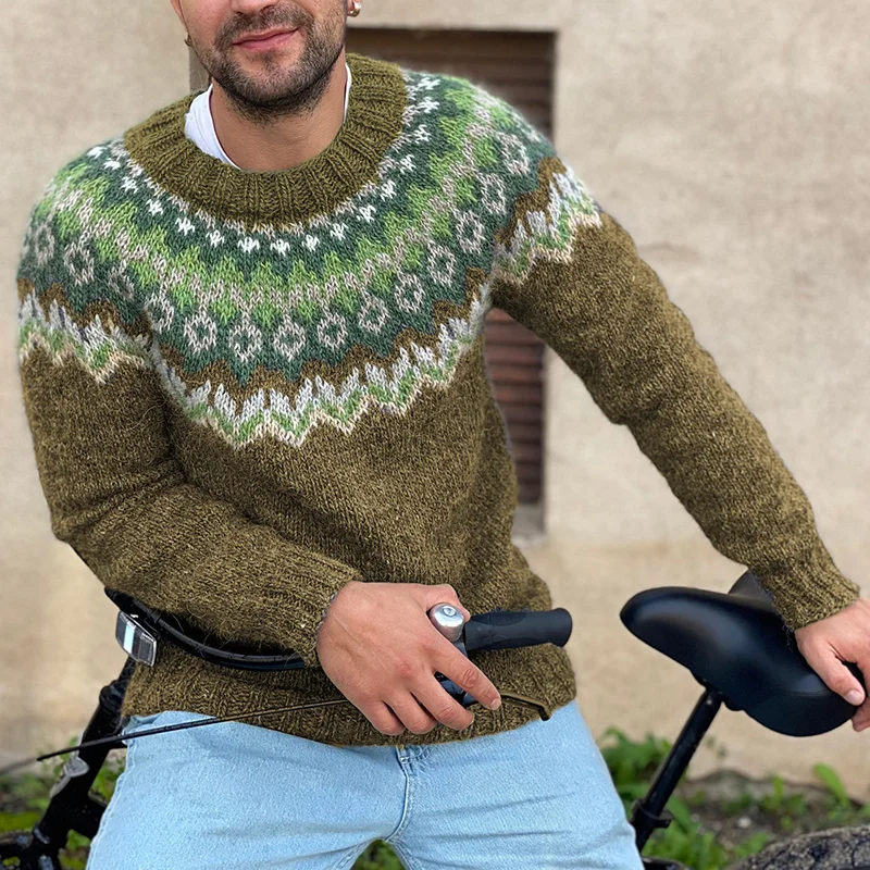 Men'S Vintage Knitted Jacquard Crew Neck Sweater
