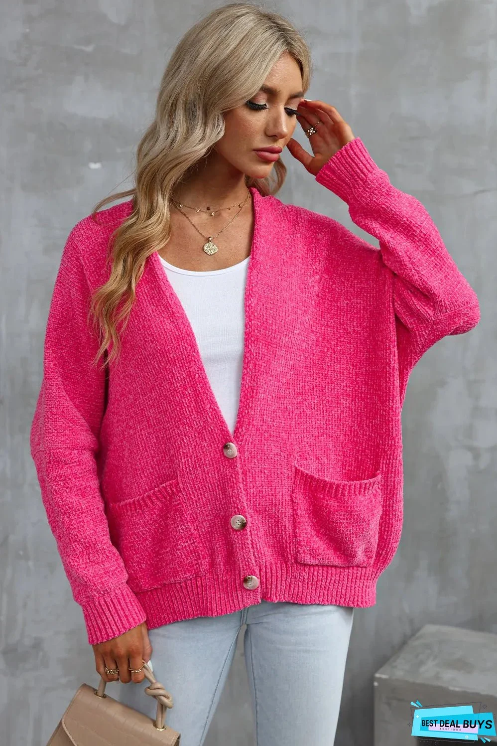Rose Buttons Front Pocketed Sweater Cardigan