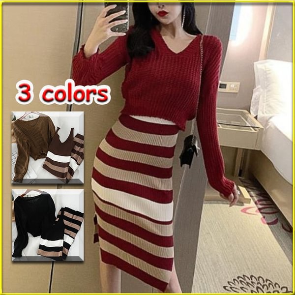 Fashion Knitted Women Two Pieces Set Solid Short Sweater Long Striped Dress Office Lady Korean Outfits Spring Autumn - Shop Trendy Women's Fashion | TeeYours