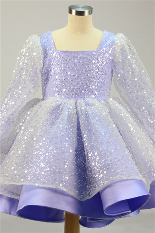 Lovely Square Sequins Flower Girl Dress Long Sleeves With Bowknot - lulusllly