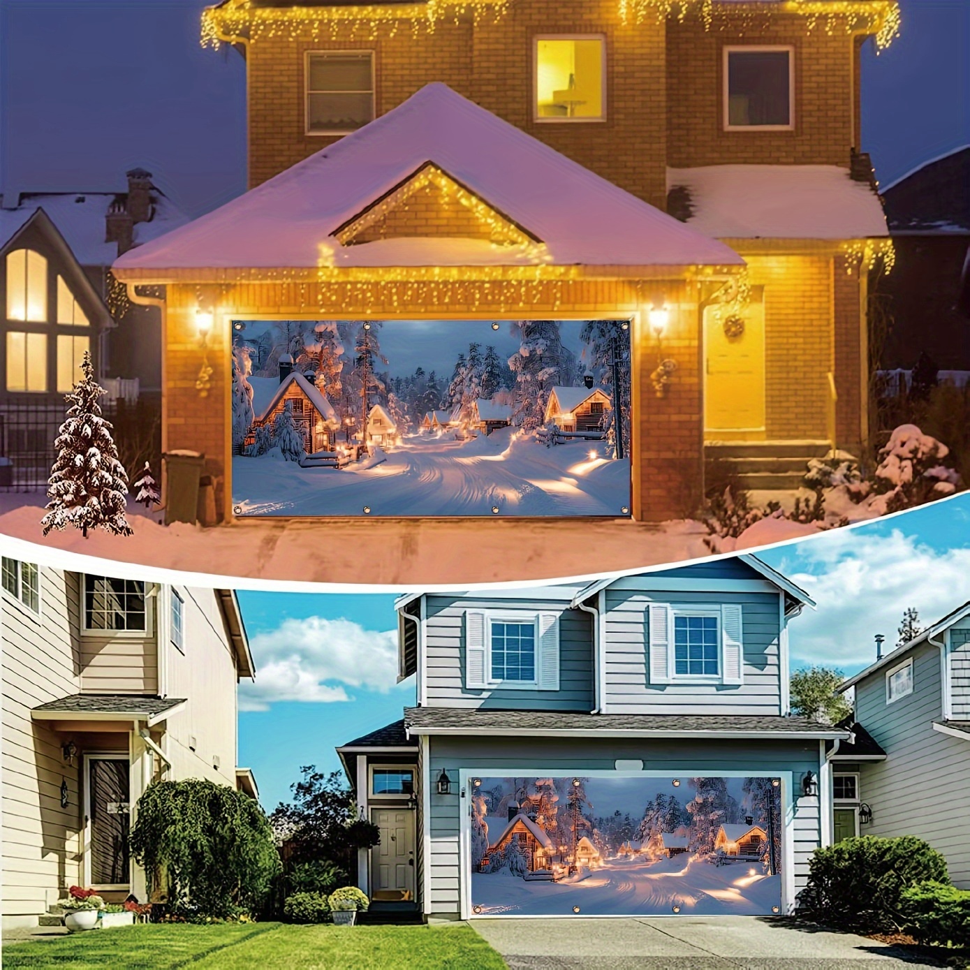 Tegooe Durable Outdoor Christmas Garage Door Banner Snow Village Log Cabin Scene Holiday Decor Multi-Size