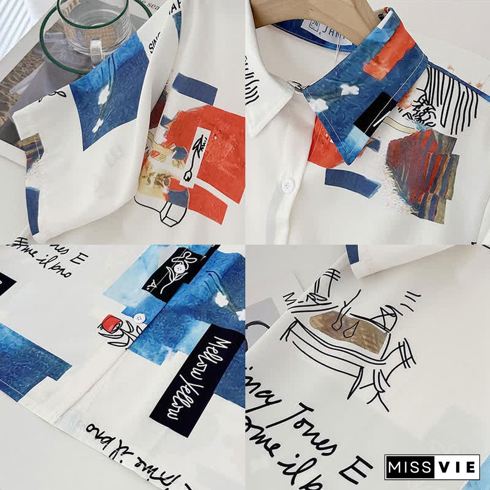 Cartoon Print Lapel Short Sleeve Loose Shirt