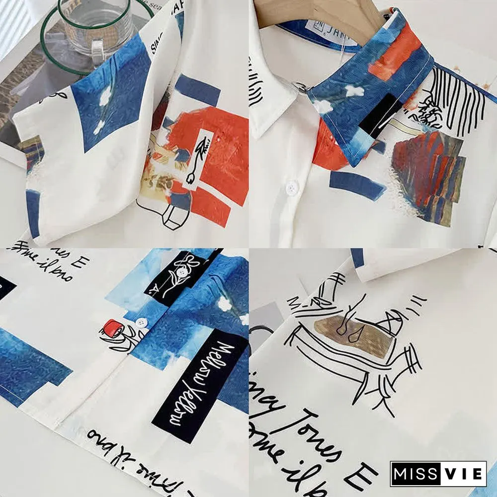 Cartoon Print Lapel Short Sleeve Loose Shirt