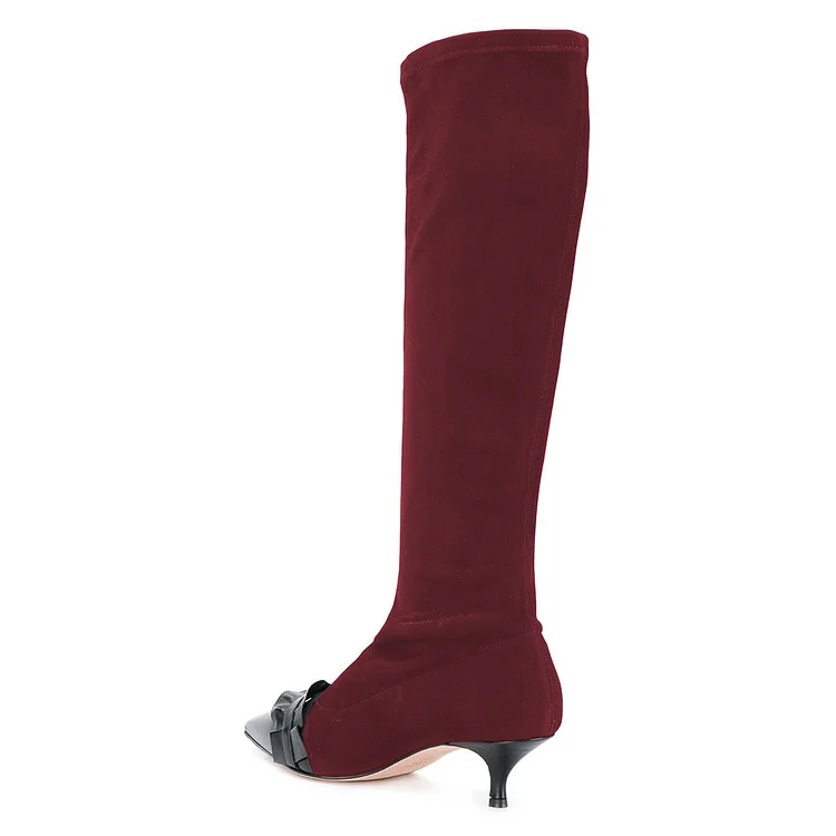 Maroon Pointy Toe Ruffle Kitten Heel Boots Fashion Mid Calf Boots |FSJ Shoes
