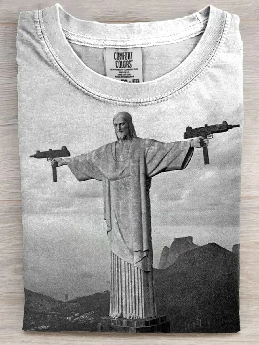 Eagerlys  Funny Jesus Dual Wielding Submachine Gun Art Print T-shirt Eagerlys