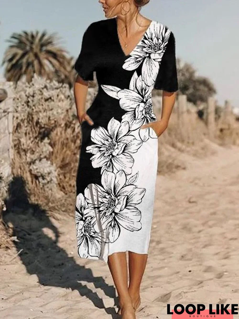 V Neck Casual Floral Midi Dress