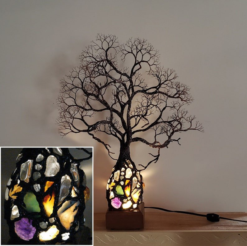 Ancient Tree Metal Sculpture Gemstone Accent Lamp 3D