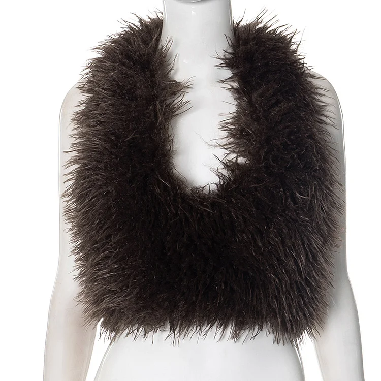 Fashion Bare Back Fur Collar Halter Top