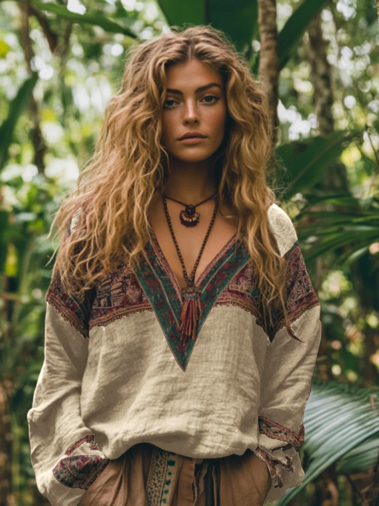 Utbros Retro Boho Tribal Embroidery Print Cotton And Linen Blend Loose Blouse