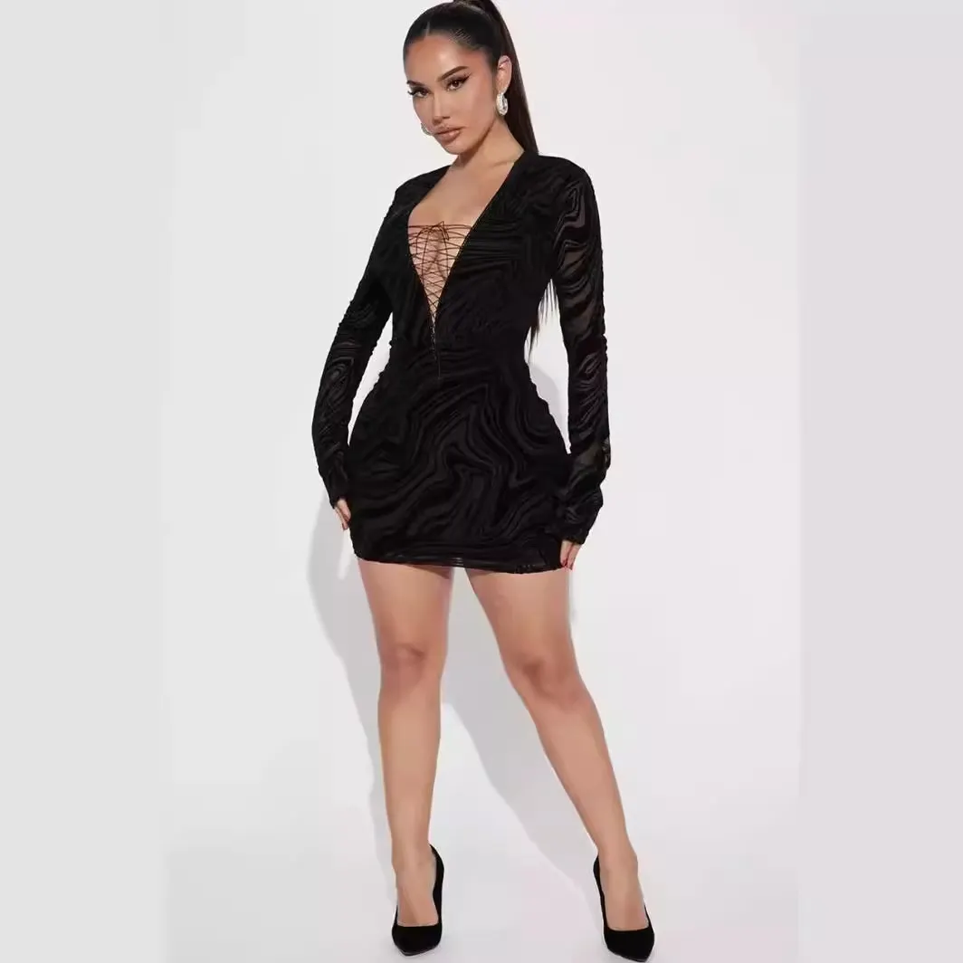 Wave Print Mesh Long Sleeve Deep V Lace Up Bodycon Mini Dress 