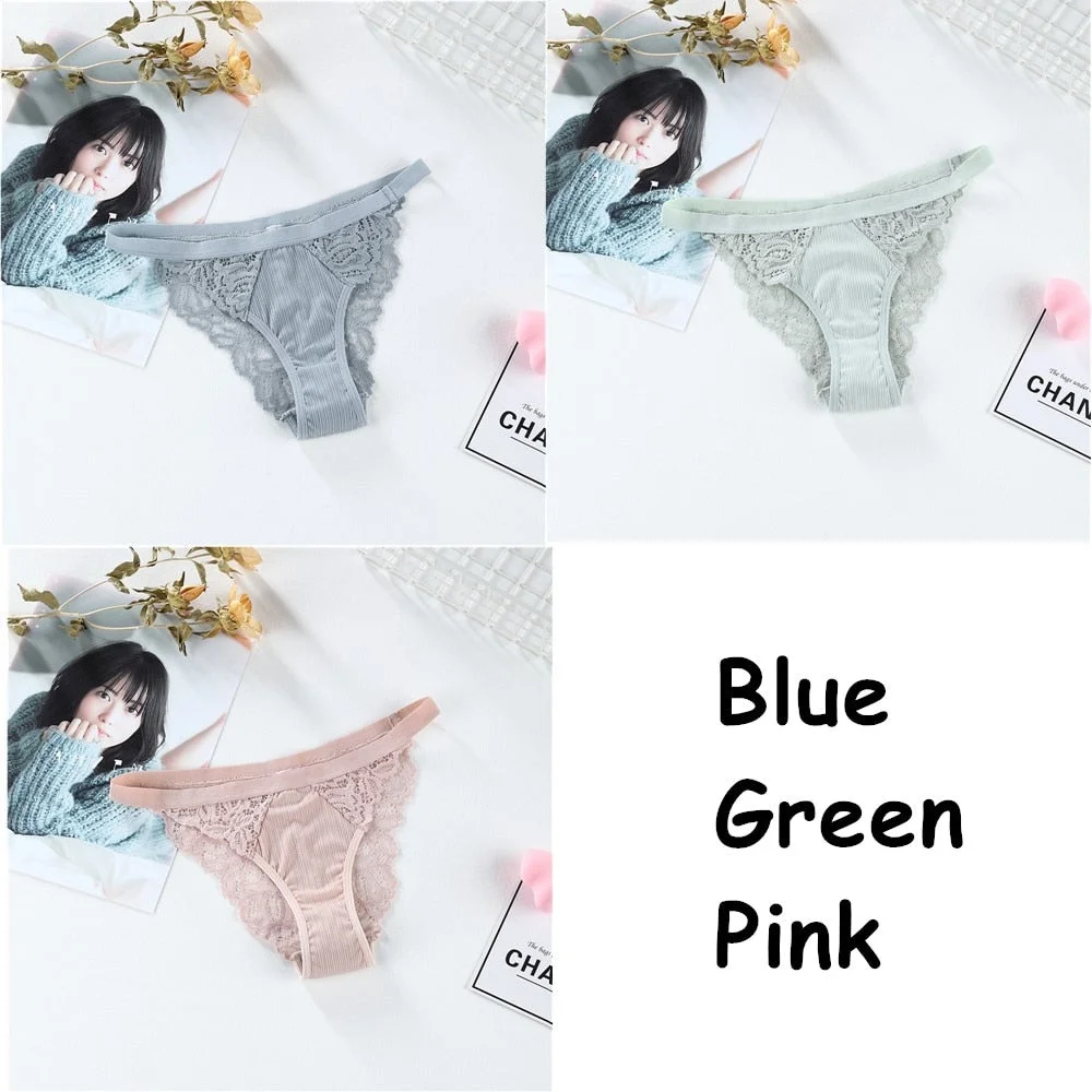 3PCS Soft Cotton Women Underwear Panties Solid Comfort Underpants Seamless Lace Briefs For Woman Sexy Low-Rise Panty Intimates