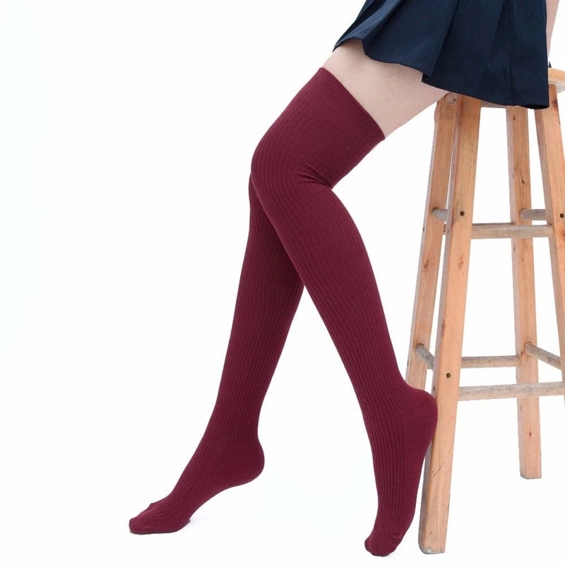 Women’s Basic Solid Color Cotton Blending Jacquard Socks Over The Knee Socks