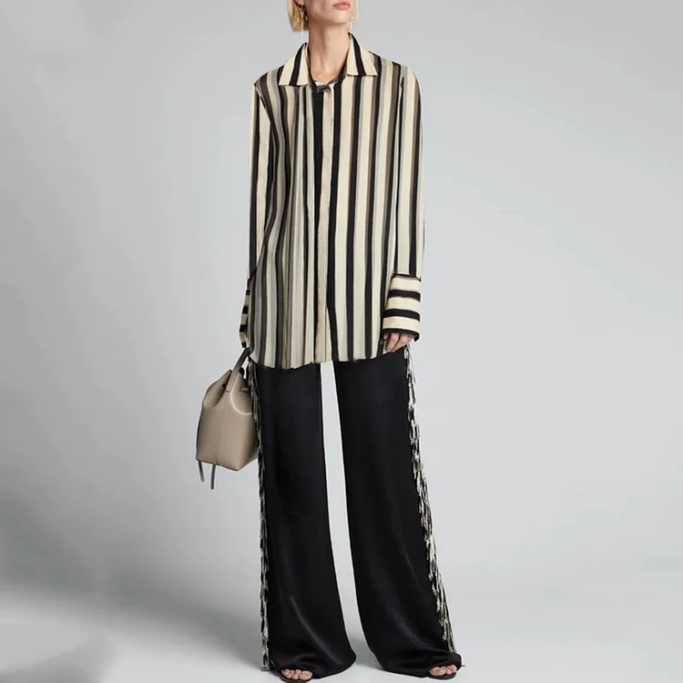 Elegant Striped Colorblock Long Sleeve Shirt Two Piece Set