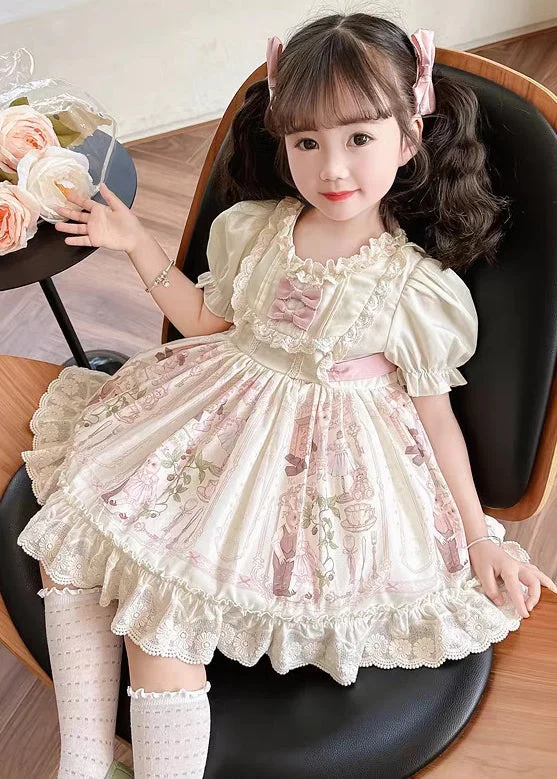 Bohemian Beige Ruffled Print Lace Up Cotton Girls Dresses Summer