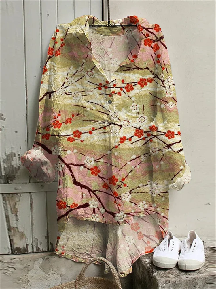 Plum Blossom Japanese Traditional Pattern Linen Blend Tunic