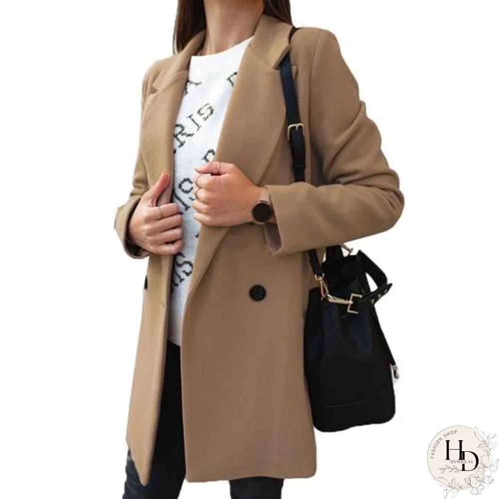 Women Woolen Coat Autumn Winter Fashion Wide Lapel Double-line Buttons Warm Coat Outwear Mid-Long Korean Temperament