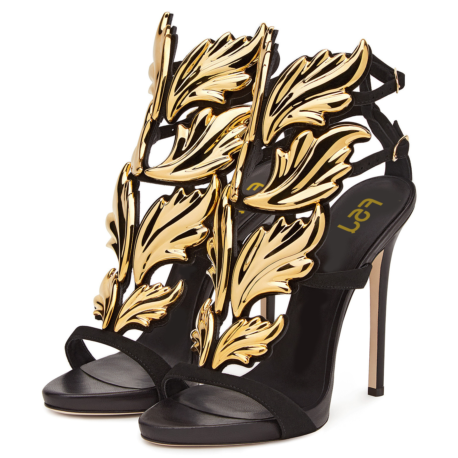 Black Open Toe Gold Wings Design Strappy High Heel Sandals
