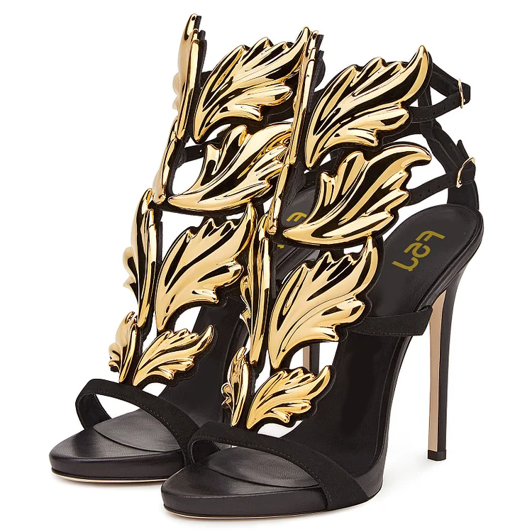 Black and Gold Evening Shoes Stiletto Heel Sandals Prom Shoes |FSJ Shoes