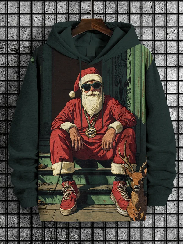 Men's Christmas Hip Hop Santa And Reindeer Print Casual Hoodie