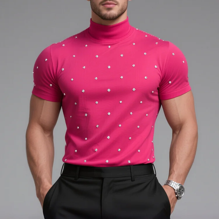 Okaywear Rhinestone Mock Neck Short Sleeve T-Shirt 