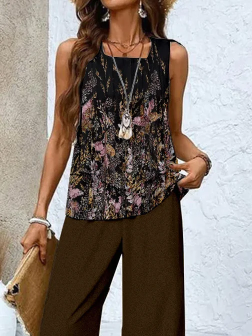 Women's Sleeveless Square Collar Floral Printed Casual Set
