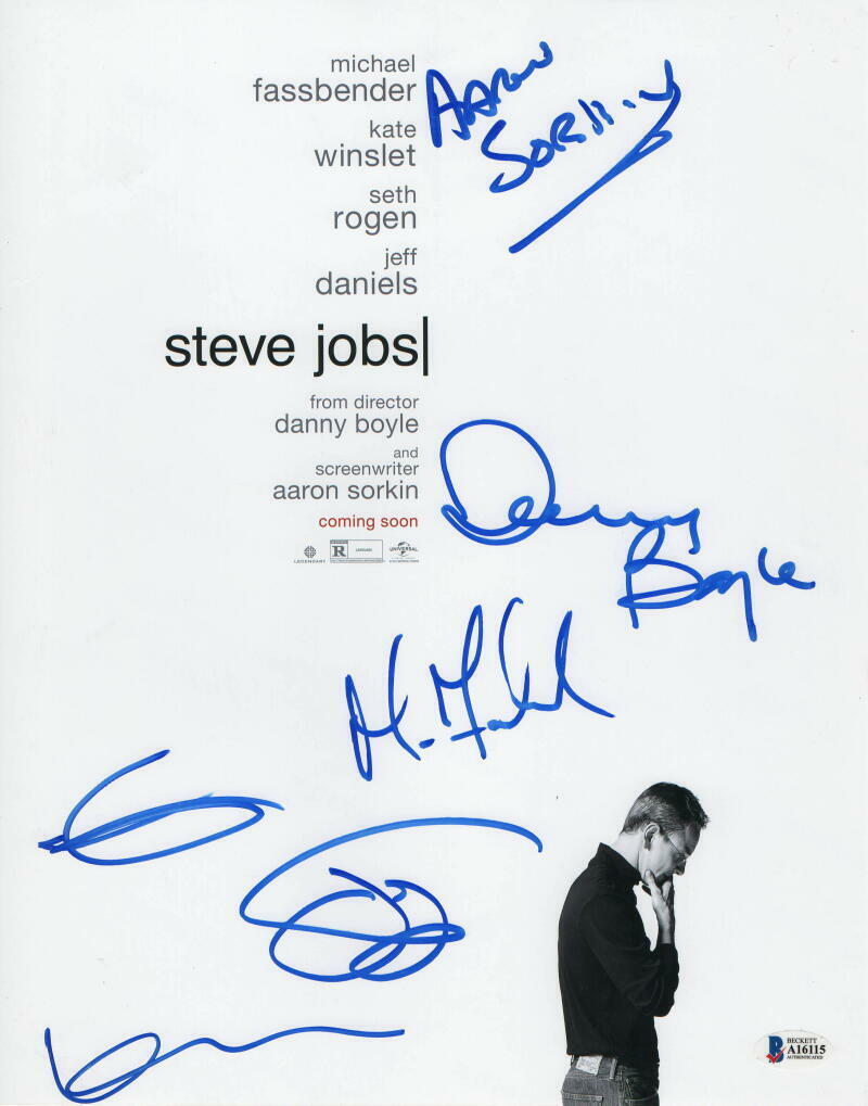 AARON SOKRIN MICHAEL FASSBENDER +4 CAST SIGNED AUTOGRAPH STEVE JOBS 11x14 POSTER