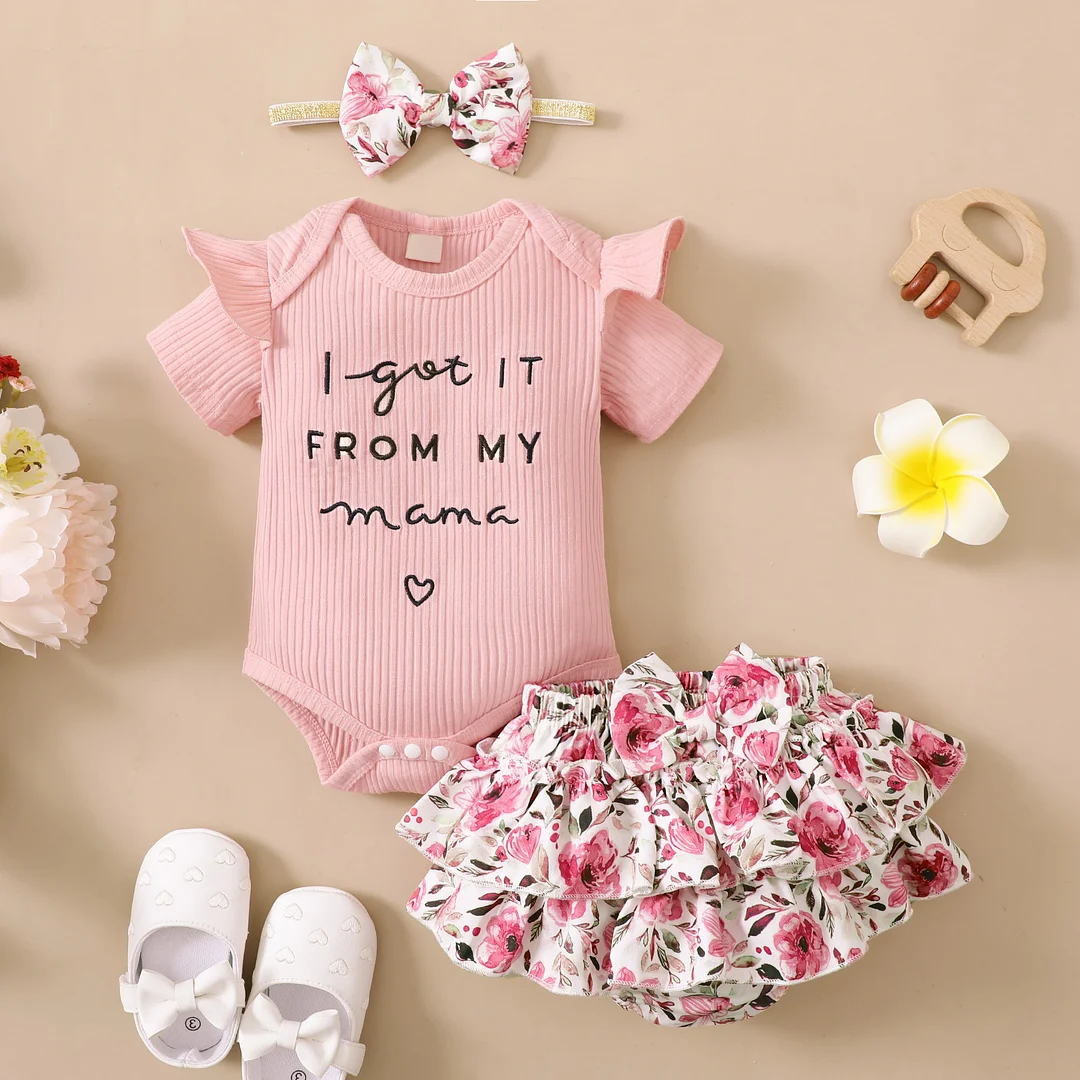 3PCS I Got It From My Mama Letter Floral Printed Baby Set