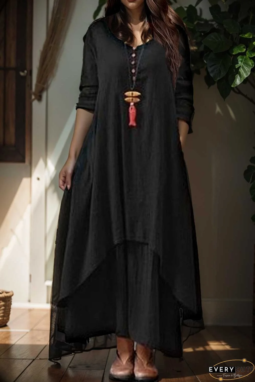 women s plus size casual dress swing dress solid color long dress maxi dress long sleeve button two piece v neck