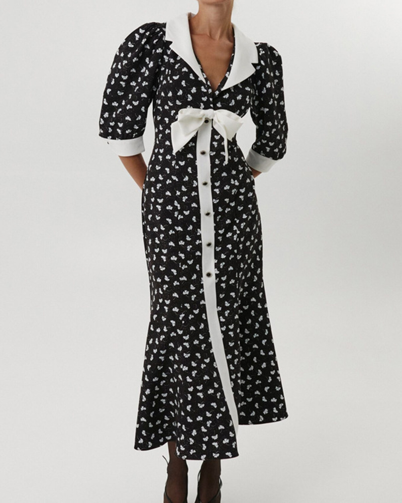 Floral Pattern Contrast Collar Puff Sleeve Midi Dress