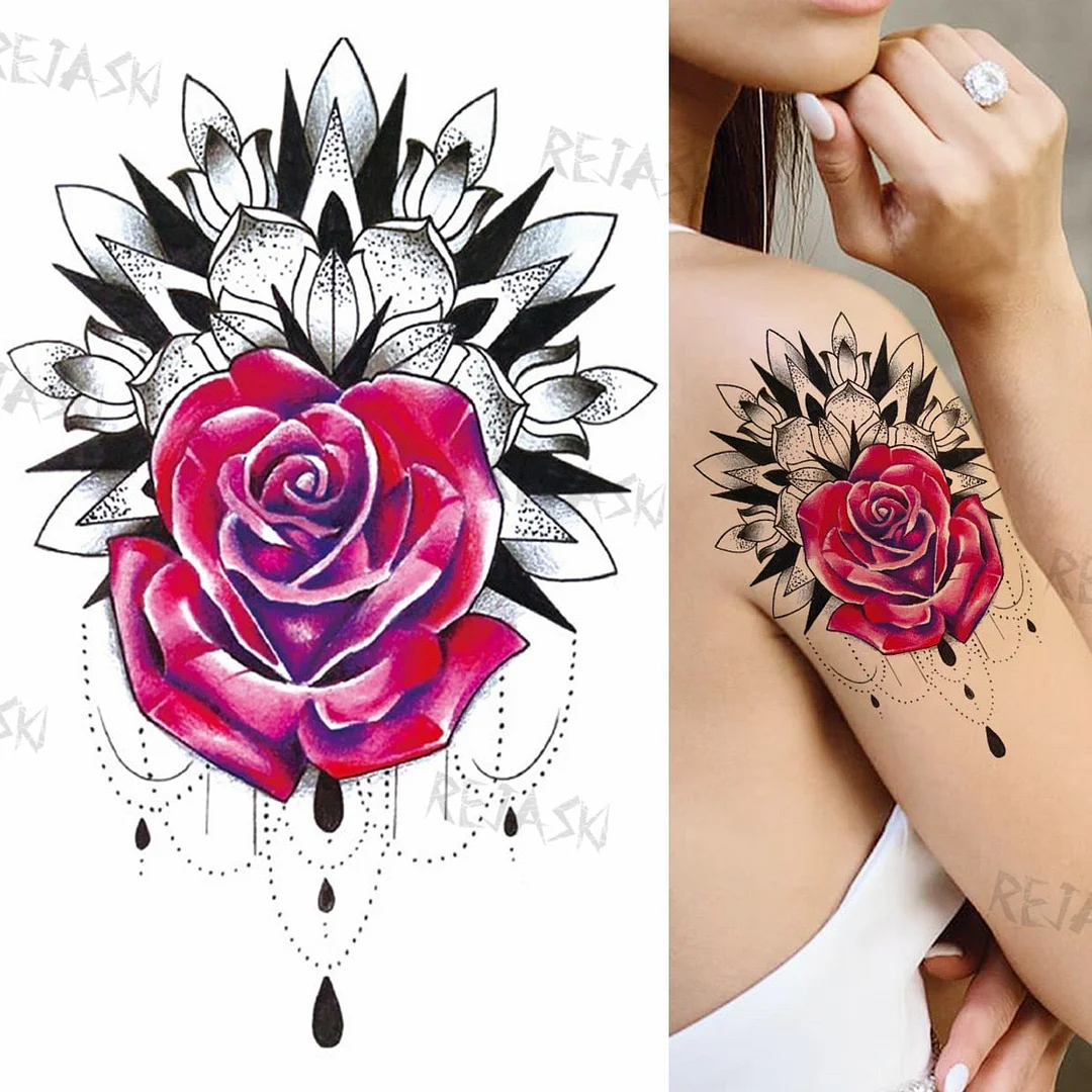 Mandala Flowers Temporary Tattoo For Women Black Henna Mehndi Tattoos Sticker Rose Lace Owl Fake Jewelry Tatoos Body Chest Back