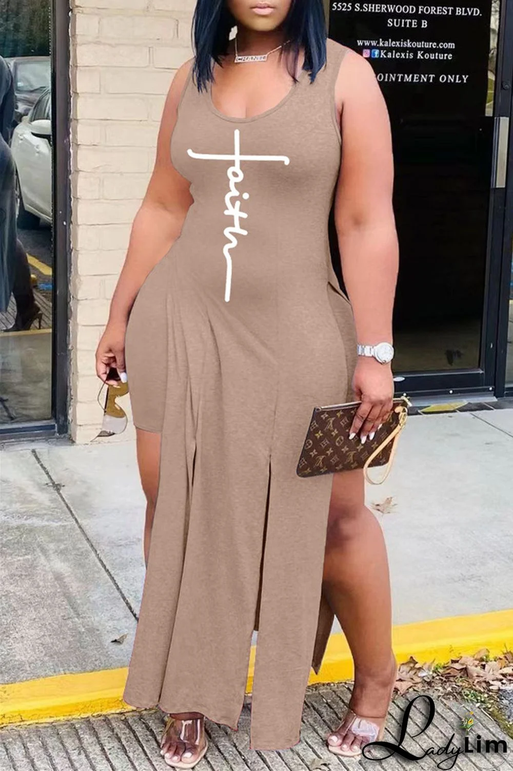 Grey Fashion Sexy Print Slit Vests U Neck Sleeveless Two Pieces