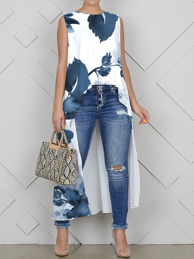 Loose Casual Floral Crew Neck Tank Top mysite idetrend
