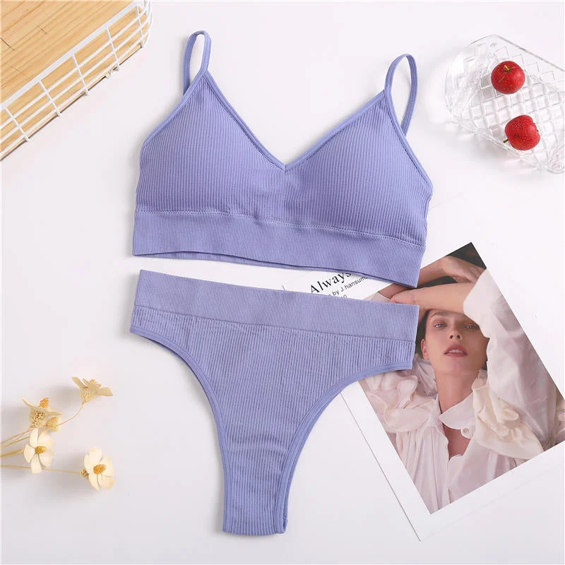 Women Bra Set Sexy Lingerie Suit Underwear Brassiere + Thong Panties Female Tank Crop Tops Set Bralette Black Blue Solid Color