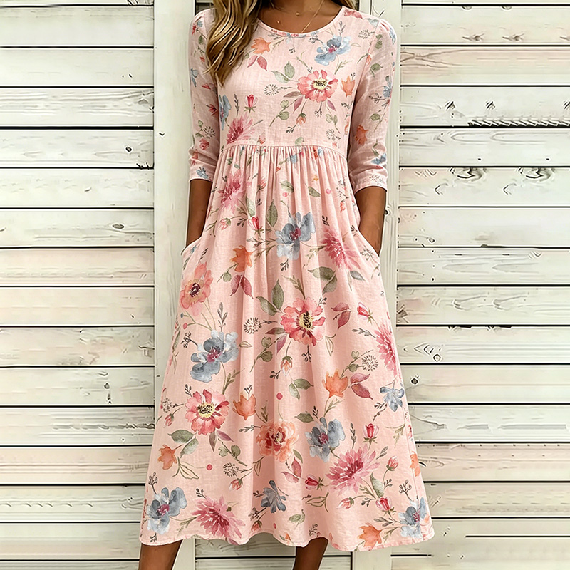 Comstylish Women's Vintage Floral Art Print Linen Dress