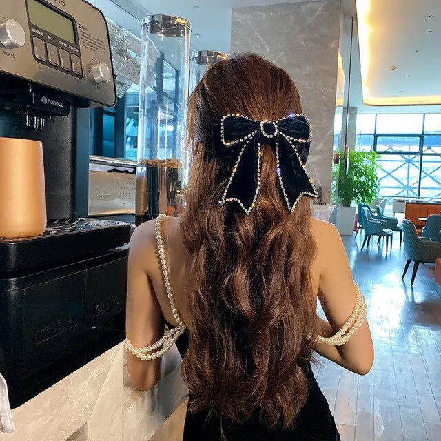 Korean Legant Ribbon Velvet Bow Crystal Hair Clips SP17223