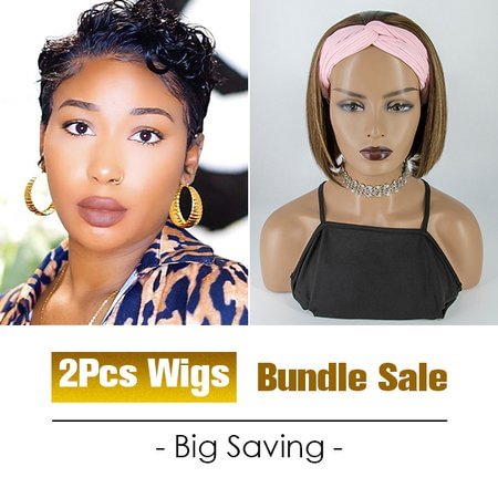 WEQUEEN Short Curly Glueless 13x4 Lace Front Wigs with Colored Straight Bob Headband Wigs