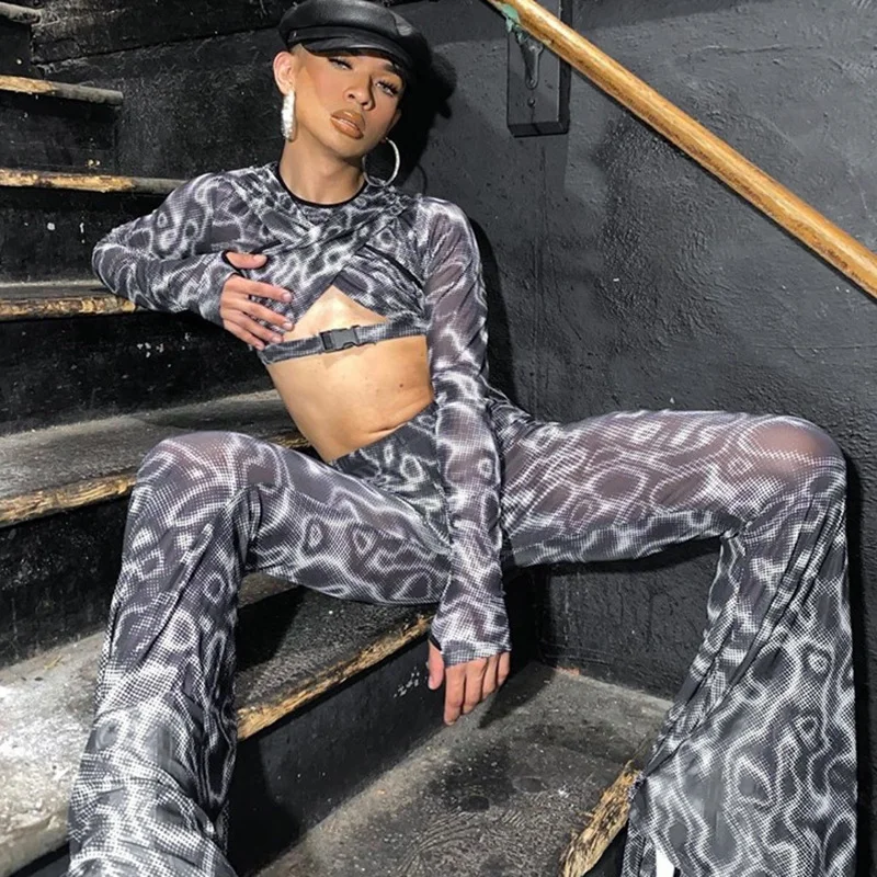 Uveng 2024 Summer New Printed High-Waisted Mesh Micro-Permeable Casual Women's Horn Trousers