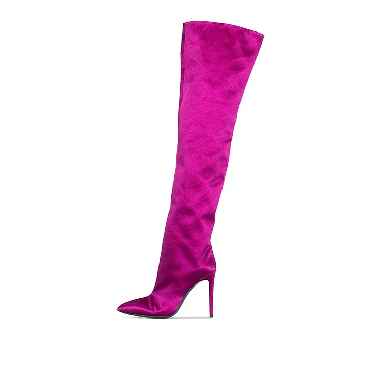 Fuchsia Stiletto Thigh High Shoes Pointed Toe Fashion Heeled Boots |FSJ Shoes