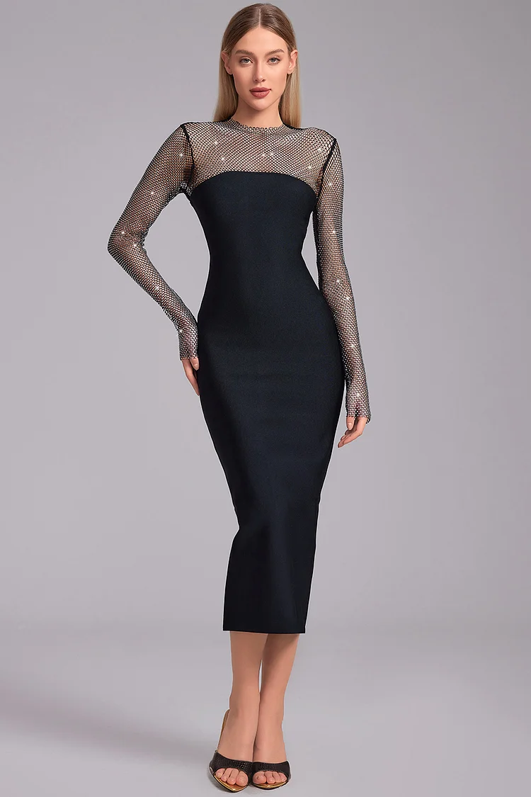 Party Long Sleeve Bodycon Stitching Rhinestone Midi Dress-Black